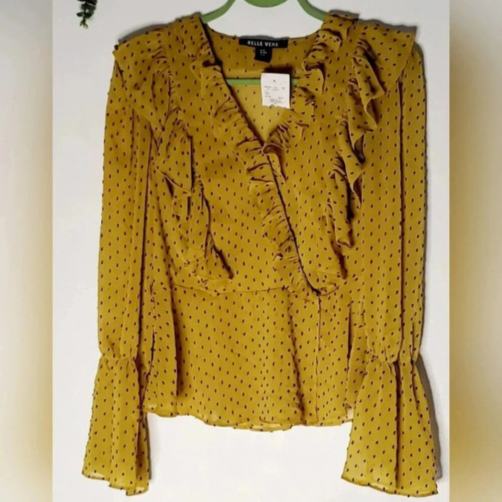 Belle Vere Swiss Dot Mustard  Gold Ruffled Long Sleeve Wrap Blouse Sz M NWT